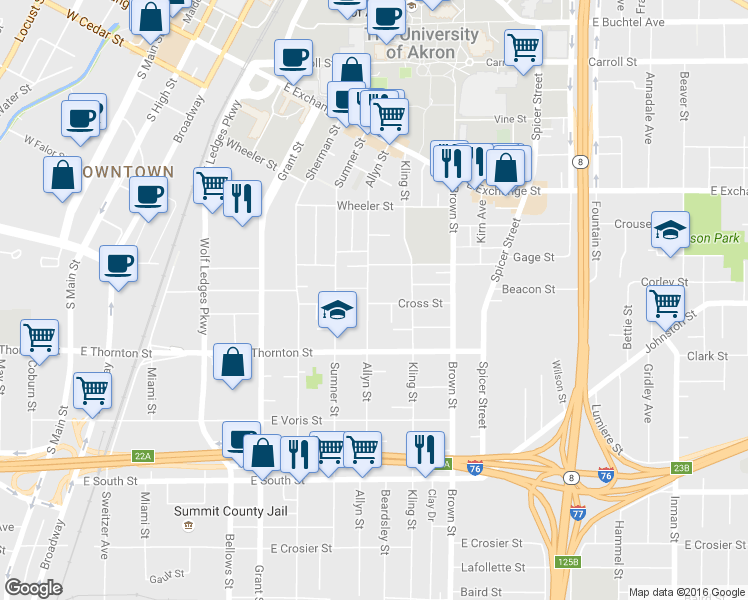 map of restaurants, bars, coffee shops, grocery stores, and more near 569 Allyn Street in Akron