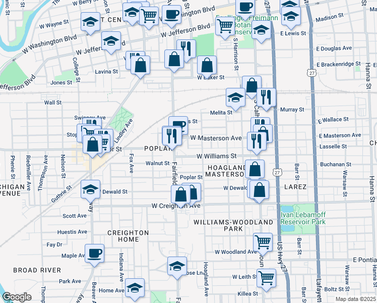 map of restaurants, bars, coffee shops, grocery stores, and more near 447 West Williams Street in Fort Wayne