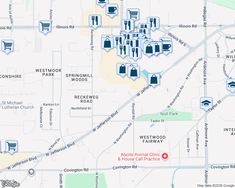 map of restaurants, bars, coffee shops, grocery stores, and more near 4656 West Jefferson Boulevard in Fort Wayne