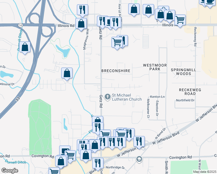 map of restaurants, bars, coffee shops, grocery stores, and more near 6039 Ullyot Drive in Fort Wayne