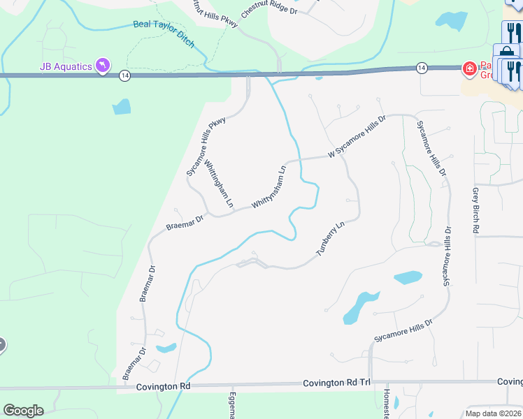 map of restaurants, bars, coffee shops, grocery stores, and more near 11525 West Sycamore Hills Drive in Fort Wayne