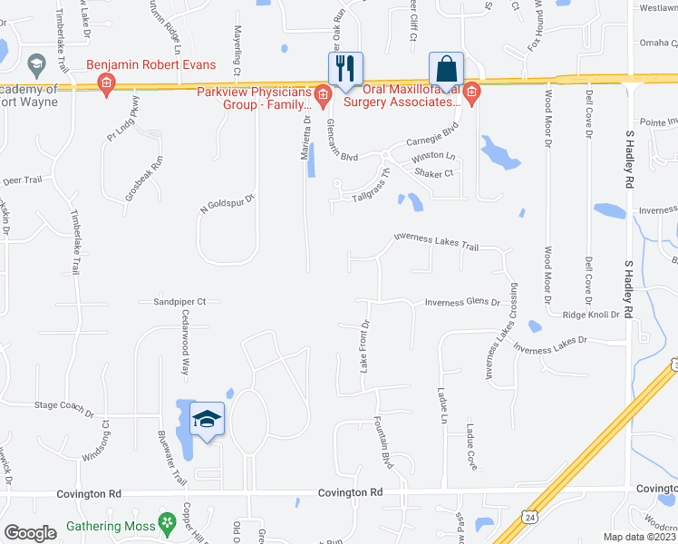 map of restaurants, bars, coffee shops, grocery stores, and more near 1830 Heather Court in Fort Wayne