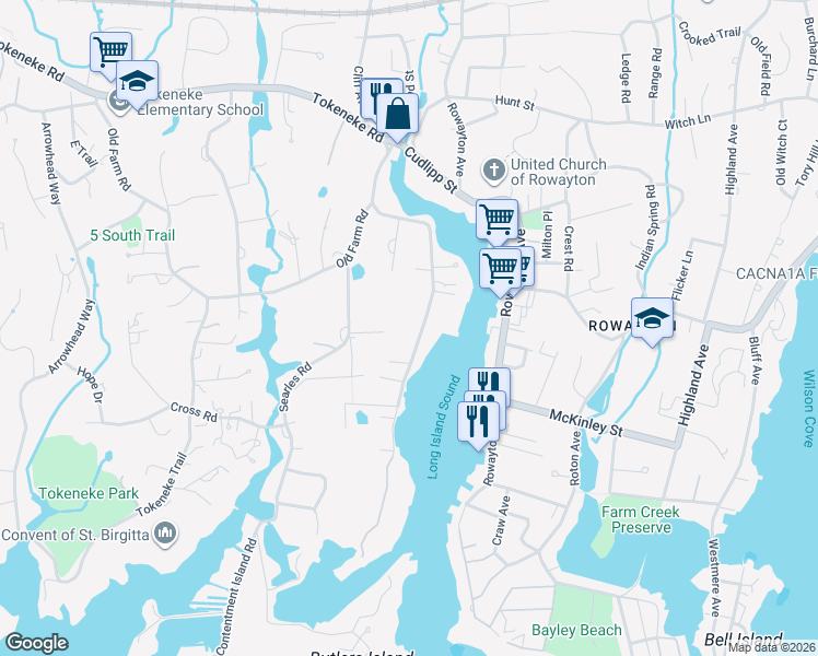 map of restaurants, bars, coffee shops, grocery stores, and more near 94 5 Mile River Road in Darien