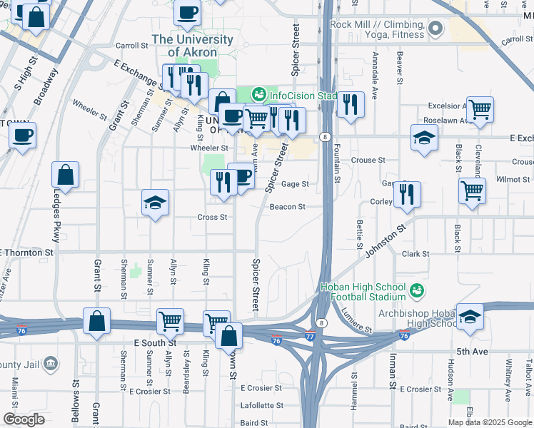 map of restaurants, bars, coffee shops, grocery stores, and more near 528 Spicer Street in Akron