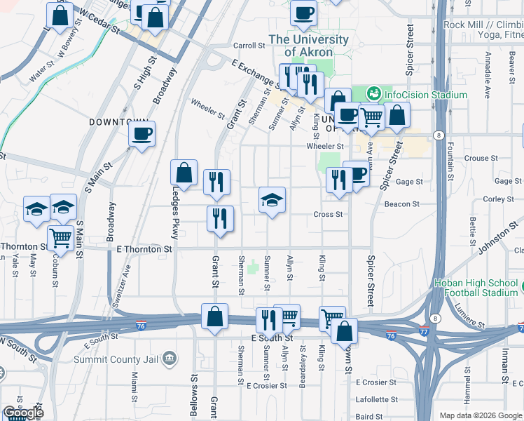 map of restaurants, bars, coffee shops, grocery stores, and more near 305 Cross Street in Akron