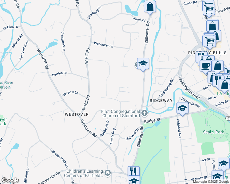 map of restaurants, bars, coffee shops, grocery stores, and more near 8 West Rock Trail in Stamford