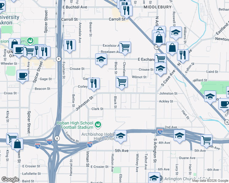 map of restaurants, bars, coffee shops, grocery stores, and more near 424 Black Street in Akron