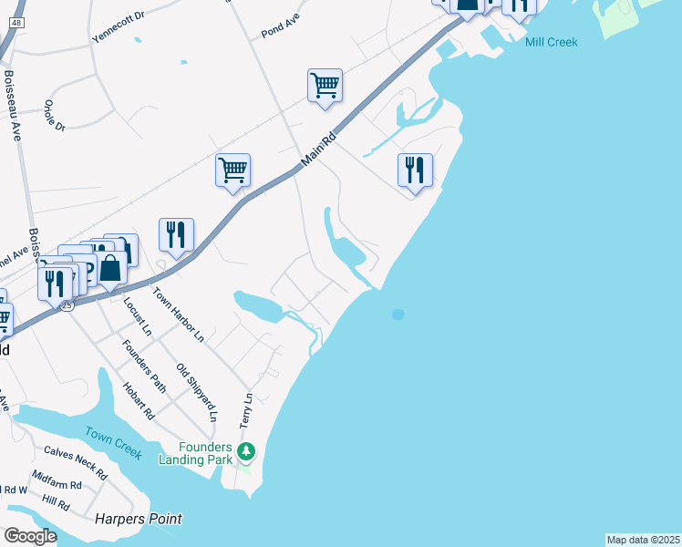map of restaurants, bars, coffee shops, grocery stores, and more near 1728 Arshamomaque Avenue in Southold