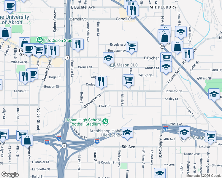 map of restaurants, bars, coffee shops, grocery stores, and more near 885 Johnston Street in Akron