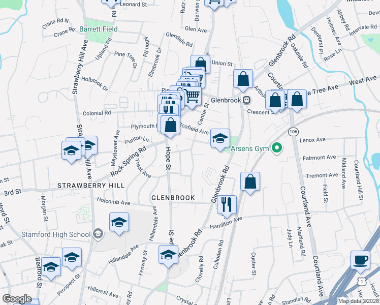 map of restaurants, bars, coffee shops, grocery stores, and more near 41 Frisbie Street in Stamford