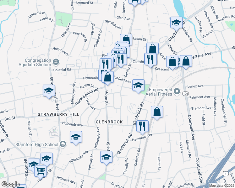 map of restaurants, bars, coffee shops, grocery stores, and more near 41 Frisbie Street in Stamford