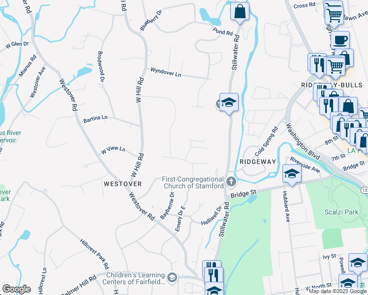 map of restaurants, bars, coffee shops, grocery stores, and more near 8 West Rock Trail in Stamford