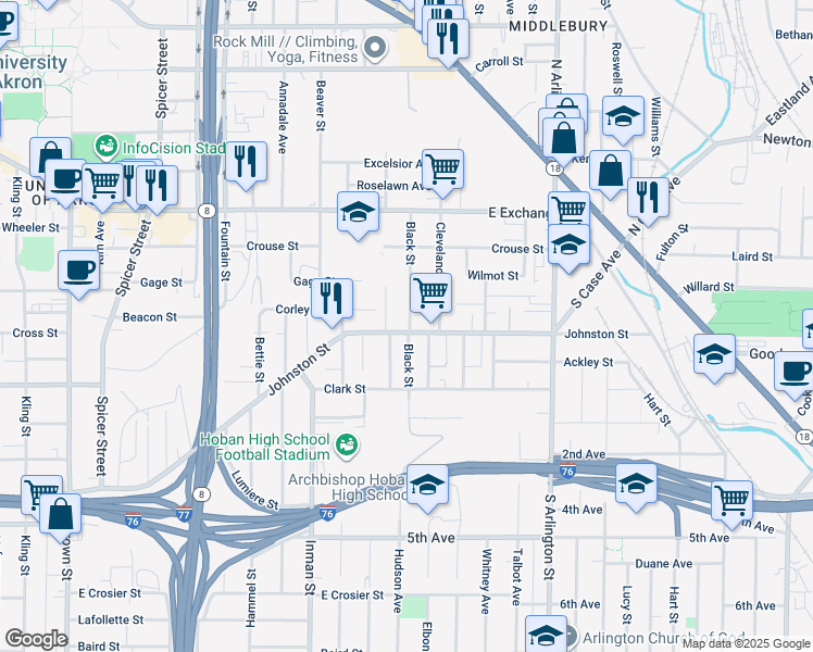 map of restaurants, bars, coffee shops, grocery stores, and more near 424 Black Street in Akron