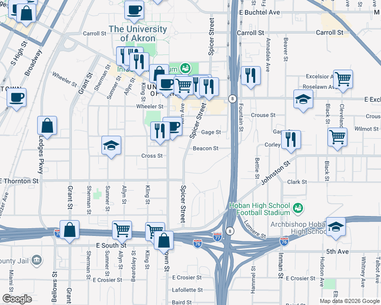 map of restaurants, bars, coffee shops, grocery stores, and more near 528 Spicer Street in Akron