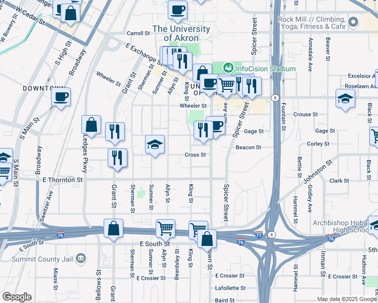 map of restaurants, bars, coffee shops, grocery stores, and more near 567 Kling Street in Akron