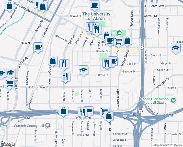 map of restaurants, bars, coffee shops, grocery stores, and more near 569 Allyn Street in Akron