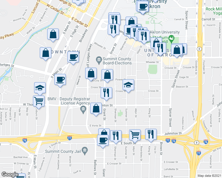 map of restaurants, bars, coffee shops, grocery stores, and more near 593 Grant Street in Akron