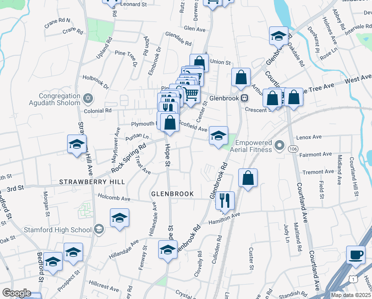 map of restaurants, bars, coffee shops, grocery stores, and more near 41 Frisbie Street in Stamford