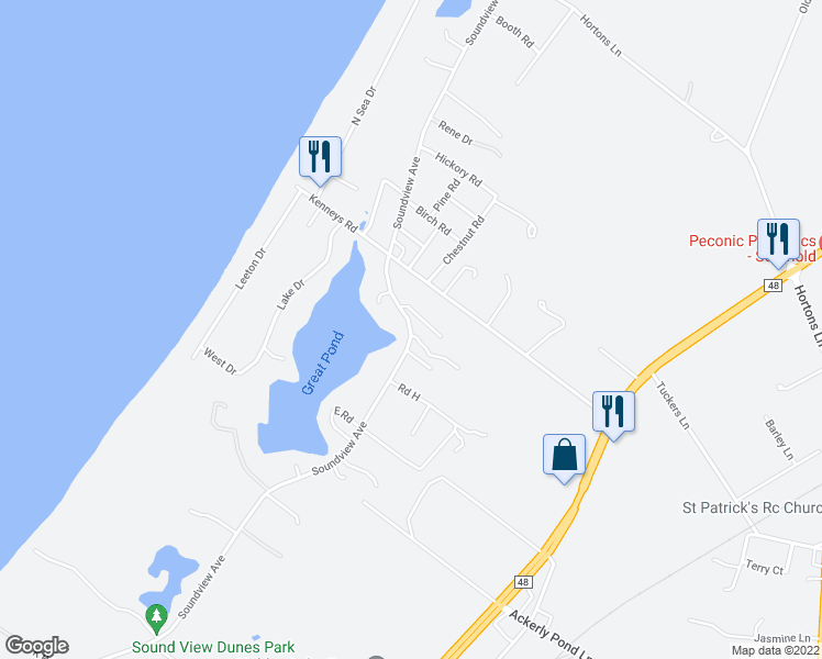 map of restaurants, bars, coffee shops, grocery stores, and more near Soundview Avenue in Southold