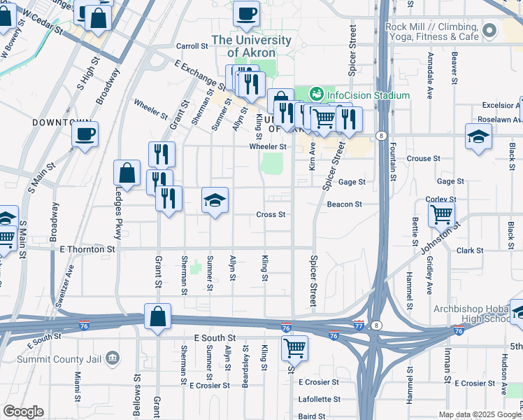 map of restaurants, bars, coffee shops, grocery stores, and more near 567 Kling Street in Akron