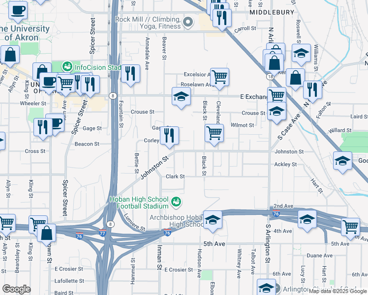 map of restaurants, bars, coffee shops, grocery stores, and more near 883 Johnston Street in Akron