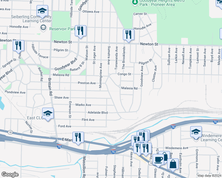 map of restaurants, bars, coffee shops, grocery stores, and more near 1791 Preston Avenue in Akron