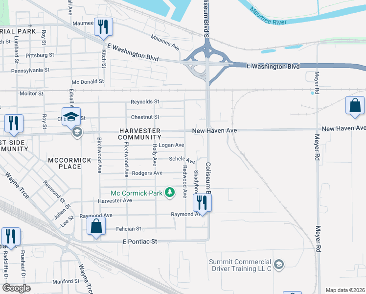 map of restaurants, bars, coffee shops, grocery stores, and more near 3800-3898 New Haven Ave in Fort Wayne