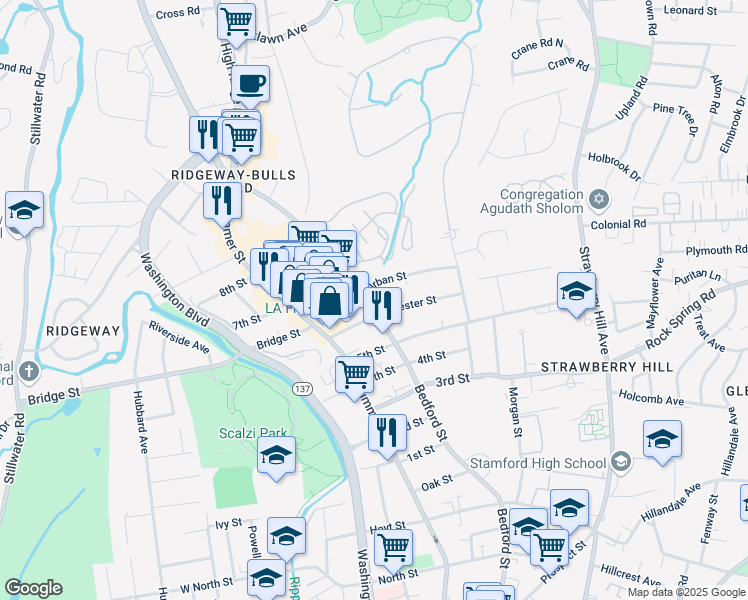 map of restaurants, bars, coffee shops, grocery stores, and more near 2043 Bedford Street in Stamford