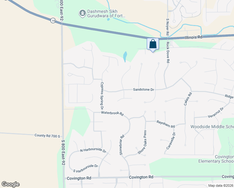 map of restaurants, bars, coffee shops, grocery stores, and more near 14828 Sandstone Drive in Fort Wayne