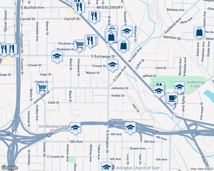 map of restaurants, bars, coffee shops, grocery stores, and more near 186 South Arlington Street in Akron