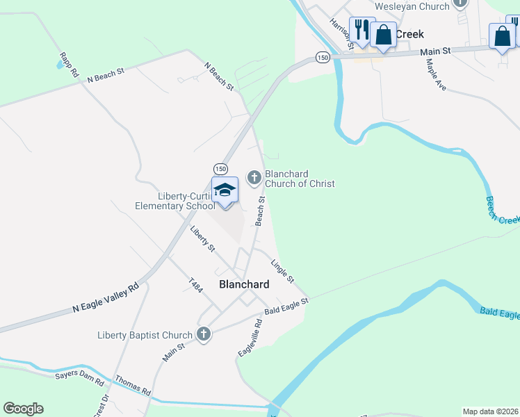 map of restaurants, bars, coffee shops, grocery stores, and more near Beech Street in Blanchard