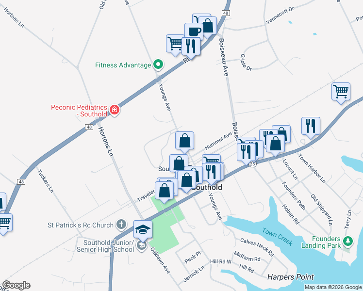 map of restaurants, bars, coffee shops, grocery stores, and more near 2555 Youngs Avenue in Southold