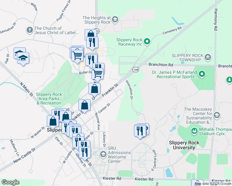map of restaurants, bars, coffee shops, grocery stores, and more near 464 Franklin Street in Slippery Rock