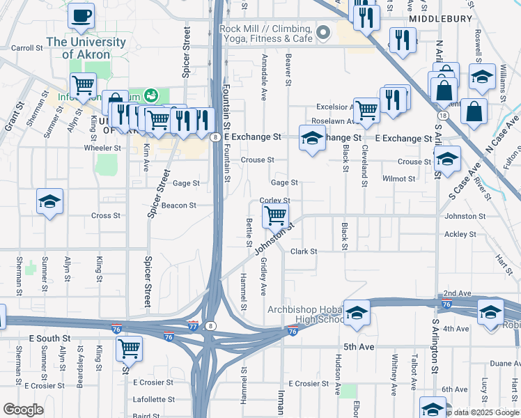 map of restaurants, bars, coffee shops, grocery stores, and more near 660 Corley Street in Akron