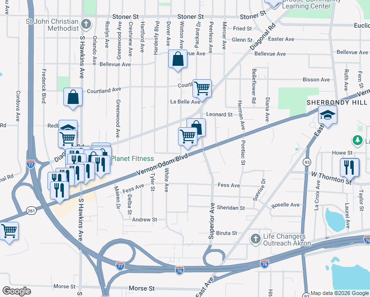 map of restaurants, bars, coffee shops, grocery stores, and more near 1341 Winton Avenue in Akron