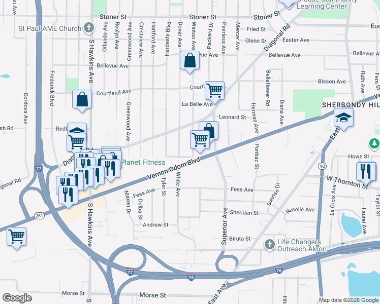 map of restaurants, bars, coffee shops, grocery stores, and more near 1341 Winton Avenue in Akron