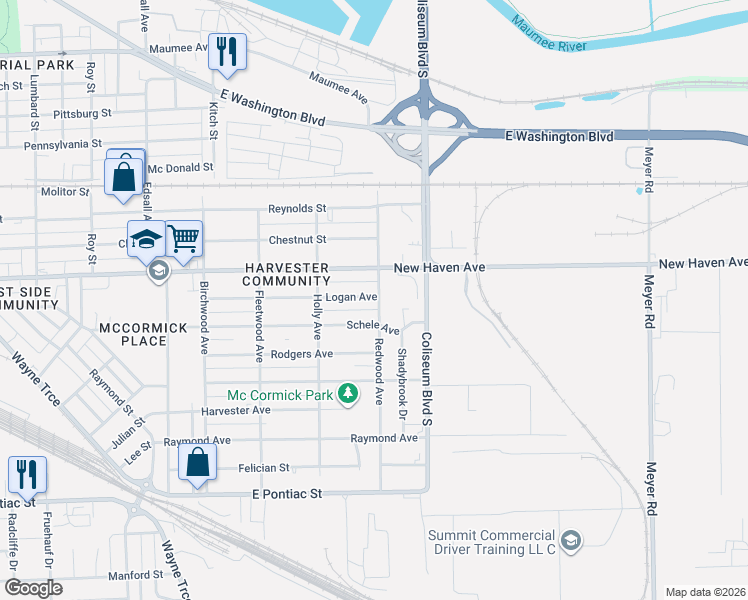 map of restaurants, bars, coffee shops, grocery stores, and more near 3800-3898 New Haven Ave in Fort Wayne
