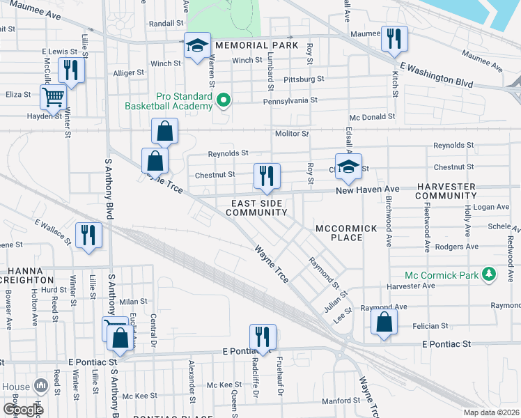 map of restaurants, bars, coffee shops, grocery stores, and more near in Fort Wayne