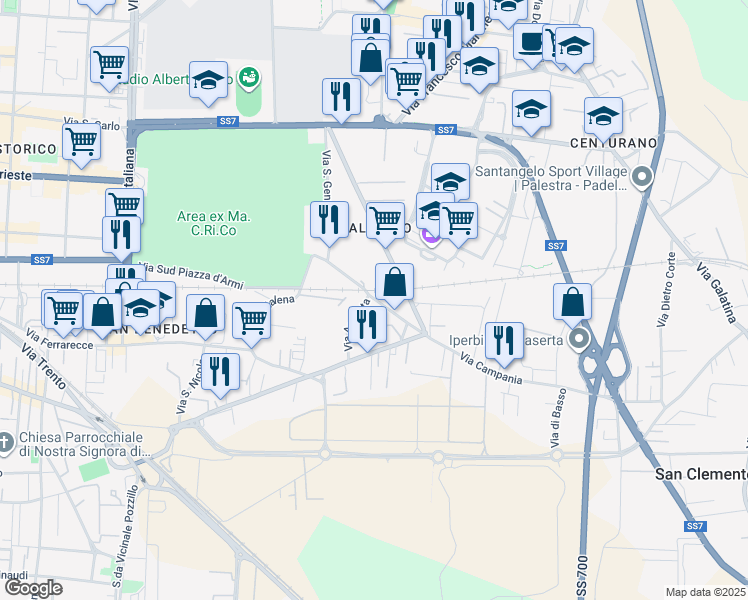 map of restaurants, bars, coffee shops, grocery stores, and more near 101 Via Guglielmo Marconi in Caserta