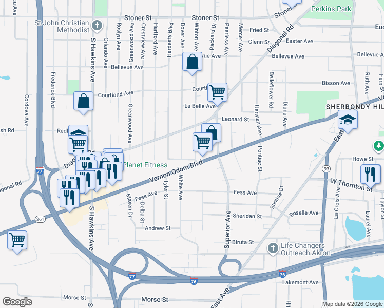 map of restaurants, bars, coffee shops, grocery stores, and more near 1341 Winton Avenue in Akron