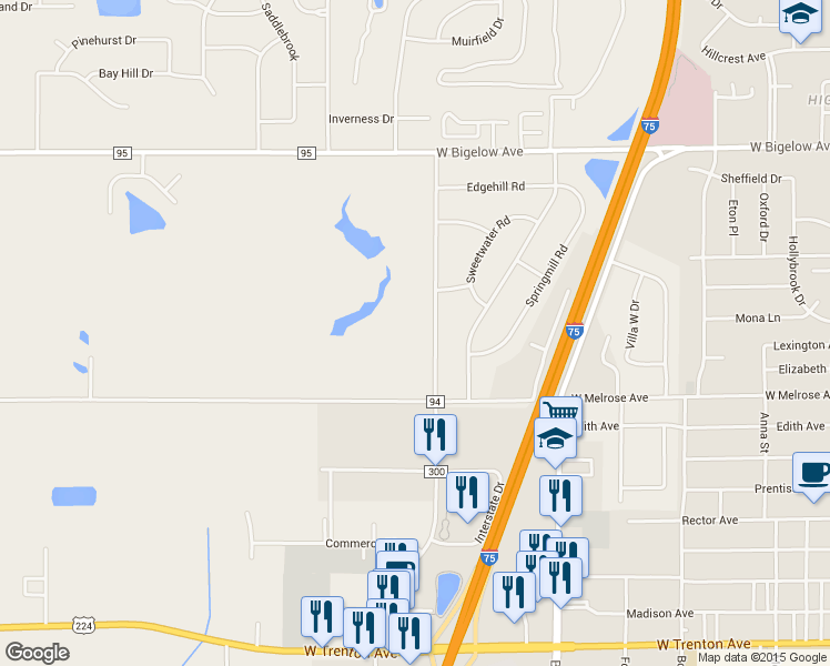 map of restaurants, bars, coffee shops, grocery stores, and more near 2300 Northridge Road in Findlay