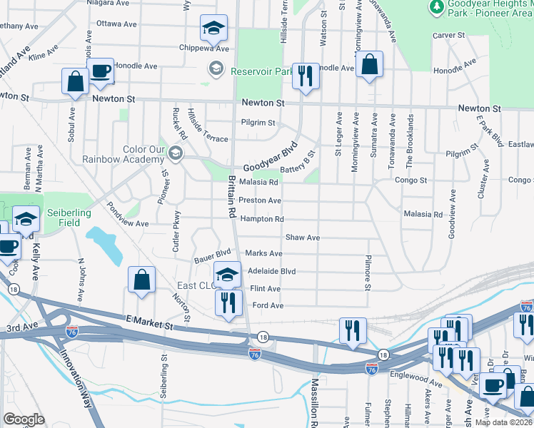 map of restaurants, bars, coffee shops, grocery stores, and more near 1617 Preston Avenue in Akron