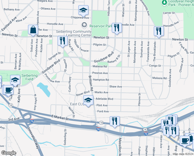 map of restaurants, bars, coffee shops, grocery stores, and more near 1579 Hampton Road in Akron