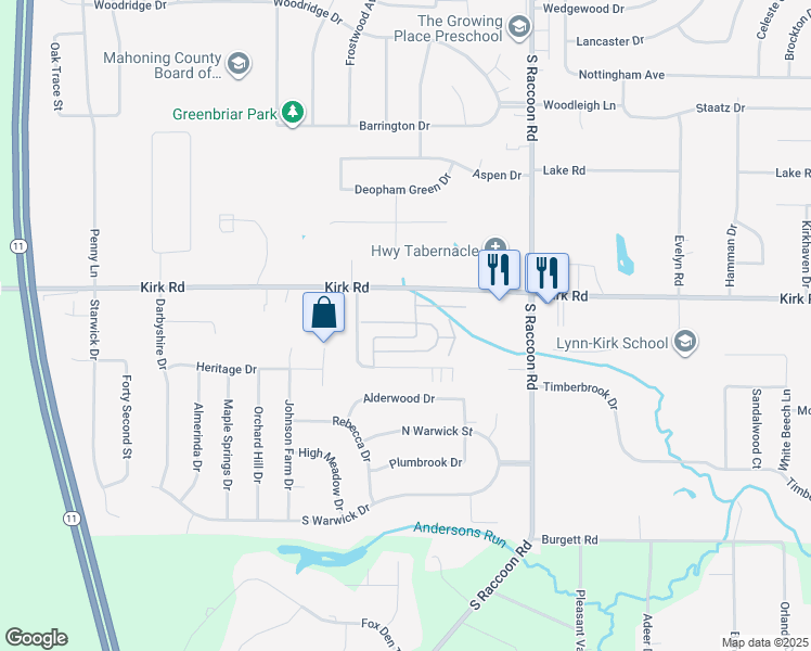 map of restaurants, bars, coffee shops, grocery stores, and more near 4415 Deer Creek Court in Austintown
