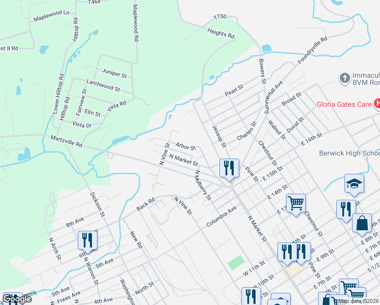 map of restaurants, bars, coffee shops, grocery stores, and more near 106 Arbor St in Berwick