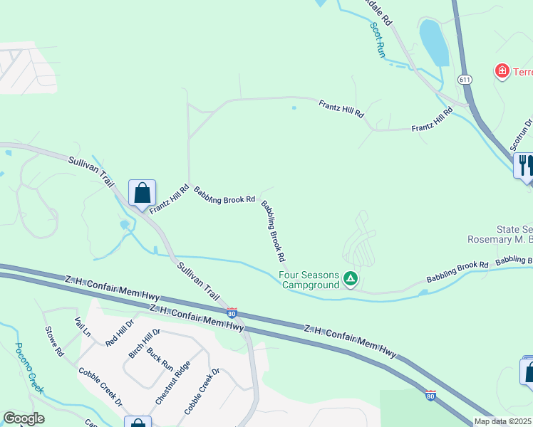 map of restaurants, bars, coffee shops, grocery stores, and more near 168 Babbling Brook Road in Monroe County