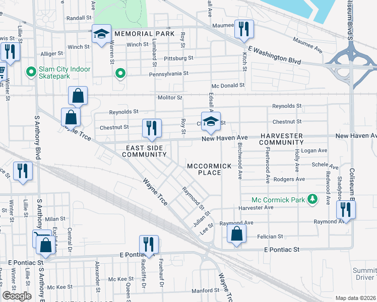 map of restaurants, bars, coffee shops, grocery stores, and more near 1900-1964 Bitler Street in Fort Wayne