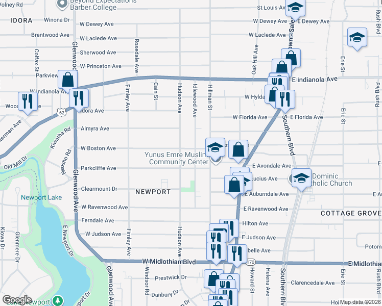 map of restaurants, bars, coffee shops, grocery stores, and more near 3028 Idlewood Avenue in Youngstown