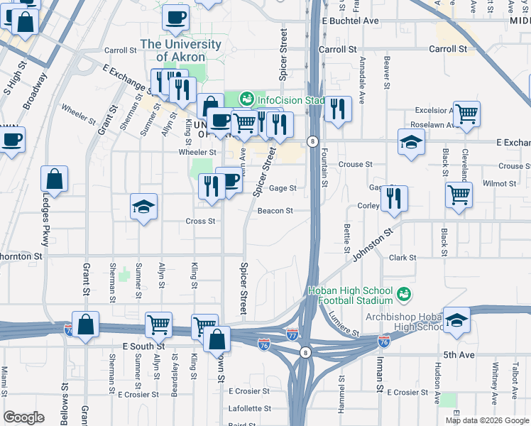 map of restaurants, bars, coffee shops, grocery stores, and more near 467 Spicer Street in Akron