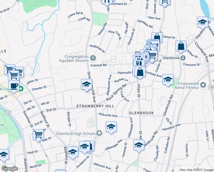 map of restaurants, bars, coffee shops, grocery stores, and more near 60 Mayflower Avenue in Stamford
